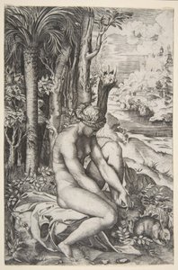 Vénusz tüskét távolít el a bal lábáról, miközben egy ruhán ül a fák mellett, egy ..., kb. 1515-27. alkotó: Marco Dente