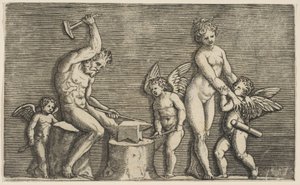 Vulkán ülő kalapálás egy üllőn, amelyet Vénusz és három Ámor szegélyez, kb. 1515-27. alkotó: Marco Dente