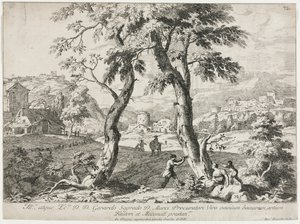 Egy falu képe alakokkal az előtérben, 1723. alkotó: Marco Ricci