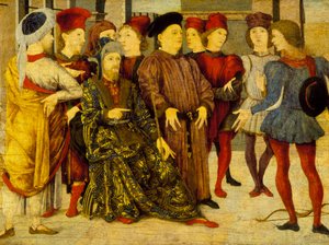 Részlet egy Cassone-panelről, „Lövés az apa holttestére”, 1462 körül (tempera a panelen)
