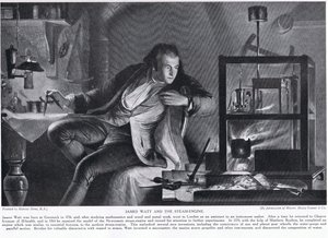 James Watt és a Steam-Engine, illusztráció a „Hutchinson története a brit nemzetről”, 1923 körül alkotó: Marcus Stone