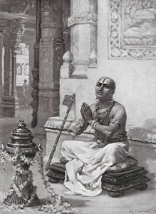 Ramanuja elmélkedik az Egyetlen Személyes Isten filozófiájáról, Kr. u. 1100 (litográfia) alkotó: Margaret (after) Dovaston