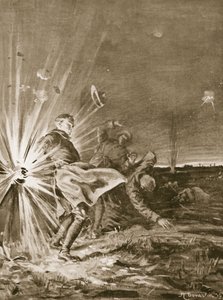 Egy gránát robban Jackson közlegény mellett, és lerobbantja a karját, amikor segédkezett egy sebesült behozásában (litho) alkotó: Margaret Dovaston