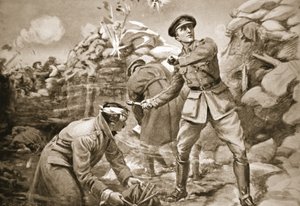 Vickers kapitány sakkban tartja az ellenséget, miközben mögötte gátat építettek (litho) alkotó: Margaret Dovaston