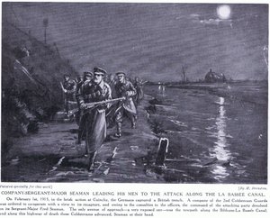 Seaman törzsőrmester a La Basse-csatorna mentén vezeti embereit 1915. február (litho) alkotó: Margaret Dovaston
