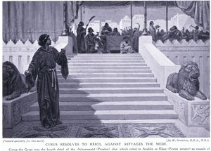 Cyrus elhatározza, hogy fellázad Asztyagész méd ellen Kr. e. 550 (litho) alkotó: Margaret Dovaston