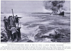 Boyle főhadnagy az E14-essel elsüllyeszt egy nagy török szállítóhajót 1915 (litho)