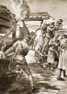 Callf közlegény egy lőszeres dobozt húz ki a gránátrobbanás által felgyújtott bombaraktárból (litho)