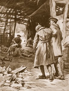 J.S. Kerr közlegény elsősegélyt nyújt a sebesülteknek egy erősen lőtt tanyán (litho)
