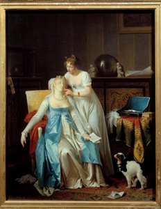 Rossz hír Egy Premier Empire divatba öltözött lány elájul, amikor szerencsétlenséget hirdető levelet olvas. Marguerite Gerard (1761-1837) festménye 1804 V. 0,63x0,5 m