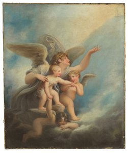 Egy angyal és putti, aki a gyermek lelkét a mennybe kíséri