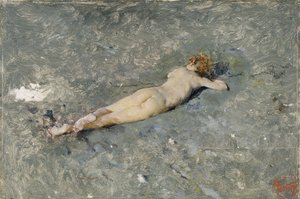 Meztelen gyermek feküdt a tengerparton Porticiban (Akt a portici tengerparton) – Mariano Fortuny (1838-1874) festménye