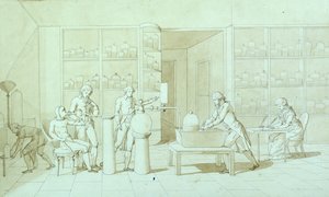 Antoine Lavoisier (1743-94) és kísérletei a légzéssel (toll, tinta és szépia mosás papíron) alkotó: Marie Anne Pierrette Lavoisier