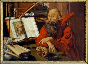Szent Jeromos Meditáns – Marinus Claeszoon van Reymerswaele (1493-1567) festménye (Vanita) Ec. Hol.