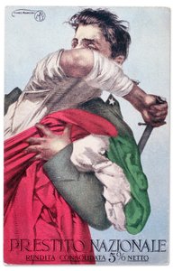 Egy olasz katona kivont karddal védi a trikolórt. Propagandapostai levelezőlap a Nemzeti Hitelért, 1915-18 körül (képeslap)