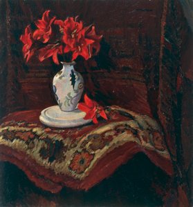 Szőnyeg és váza vörös liliomokkal, Mario Puccini (1869-1920), olaj, vászon, 64x59 cm. alkotó: Mario Puccini