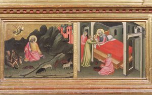 Madonna és gyermek a szentekkel, részlet a predellából, amely a Joachimnak szóló Angyali üdvözletet és a Szűz születését ábrázolja tempera 80340 panelrészletén