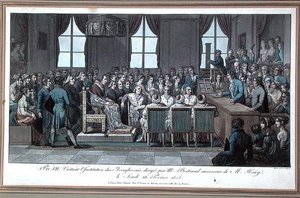 VII. Pius pápa látogatása a párizsi Vakok Intézetében, amelynek vezetője Bertrand úr, Valentin Hauy (1745-1822) utódja, 1805. február 28. (színes metszet). alkotó: Marle Marle