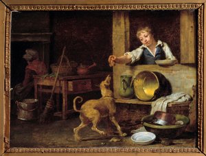 Konyhabelső Egy fiatal szolgáló odaadja a kutyának a maradékot. Martin Drolling (1752-1817) festménye 19. századi Orleans, Szépművészeti Múzeum
