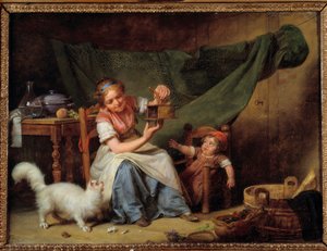 A nő és az egér Egy lány egérfogót tart a macska és a baba előtt. Martin Drolling (1752-1817) festménye 1798 V. 0,25x0,35 m Orléans. Szépművészeti Múzeum