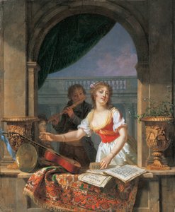 Egy fiatal hölgy gitárért nyúl egy kőszárnynál, és egy fiú furulyázik azon túl, 1796-97