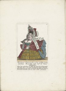 De Franse dwerg Madame Palatinelle, 1710 körül Madame Palatinelle, motorháztetők, mantilla és cul de Paris felöltözve a nagy Gallában (cím a tárgyon) Il Callotto resurcitato vagy újonnan berendezett kis szekrény (sorozat címe)