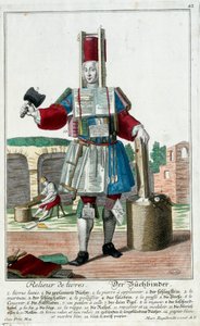 Metier: Könyvkötő. Martin Engelbrecht (1684-1756) metszete a „” Manuuries habilles új összeállítása”-ban, 18. század, Németország. Párizs, dekoratív művészet alkotó: Martin Engelbrecht
