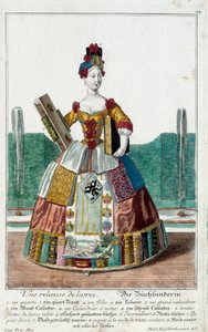 Metier: Könyvkötő. Martin Engelbrecht (1684-1756) metszete a „” Manuuries habilles új összeállítása”-ban, 18. század, Németország. Párizs, dekoratív művészet alkotó: Martin Engelbrecht