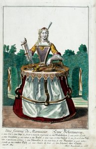 Metier: Egy asztalos felesége. Martin Engelbrecht (1684-1756) metszete a „” Manuuries habilles új összeállítása”-ban, 18. század, Németország. Párizs, dekoratív művészet alkotó: Martin Engelbrecht
