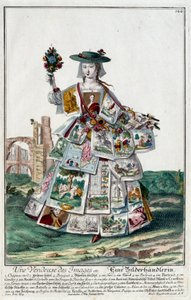 Metier: Képes eladónő. Martin Engelbrecht (1684-1756) metszete a „” Manuuries habilles új összeállítása”-ban, 18. század, Németország. Párizs, dekoratív művészet alkotó: Martin Engelbrecht