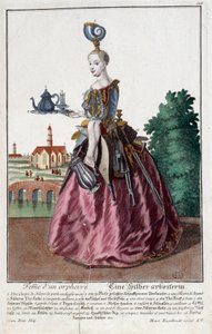 Metier: Aranyhalasszony. Martin Engelbrecht (1684-1756) metszete a „” Manuuries habilles új összeállítása”-ban, 18. század, Németország. Párizs, dekoratív művészet alkotó: Martin Engelbrecht