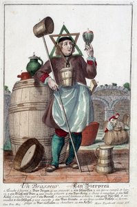 A sörfőző ábrázolása szökőkúttal, pohárral, kancsóval, vödörrel, hordóval, kalapáccsal, tálal, brokkal, bojlerrel. Martin Engelbrecht metsze (1684-1756) alkotó: Martin Engelbrecht