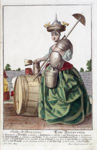A sörfőző feleségének ábrázolása, tölcsért a fején, gabonazsákot, tálat, vödröt, söröshordót. Martin Engelbrecht metsze (1684-1756)