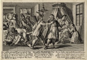Pandúrok a zsidókhoz látogató - Englebrecht, Martin (1684-1756) - kb 1756 - Rézmetszet - 21,3x30,9 - Magángyűjtemény alkotó: Martin Engelbrecht
