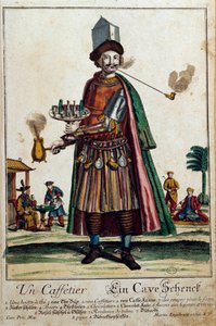A kávéfőző: egy férfi, aki kávéfőzőt és egy szolgáltatást visel. Martin Engelbrecht (1684-1756) metsze 18. századi Párizs, Dekoratív művészet