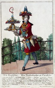 A cukrász: egy fiatal férfi, kezében egy tálcás cukorka és édesség. Martin Engelbrecht metsze (1684-1756) 18. század. Párizs, dekoratív művészet