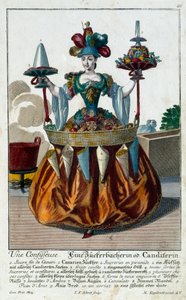 A cukrász: egy fiatal nő, kezében egy tálcás cukorka és édesség. Martin Engelbrecht metsze (1684-1756) 18. század. Párizs, dekoratív művészet