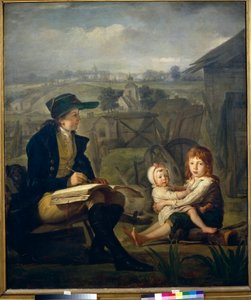 Werther dessine des enfants, illustration du roman ""Az ifjú Werther fájdalmai"" (Les Souffrances du jeune Werther) de Johann Wolfgang von Goethe (1749-1832) - Werther gyerekeket rajzol - Olaj, vászon, Martin Ferdinand Quadal (1736-1880) )