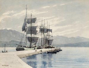 Vitorlás hajók a rakparton (akvarell papíron) alkotó: Martin Hardie