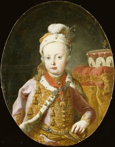 József főherceg, a későbbi II. József osztrák császár félhosszú portréja aranyhímzett rózsaszín bársonykabátban, hermelin szegéllyel, tollas sapkában, melyet bross díszít, és az Aranygyapjú rendet viseli,