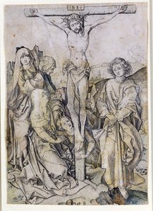 Krisztus a kereszten, a Szűzanyával és Szent Jánossal (metszet) alkotó: Martin Schongauer