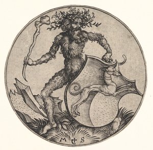 Pajzs agárral, amelyet Wild Man tart, kb. 1435-1491. alkotó: Martin Schongauer