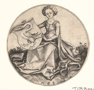 Nő által tartott pajzs hattyúval, kb. 1435-1491. alkotó: Martin Schongauer