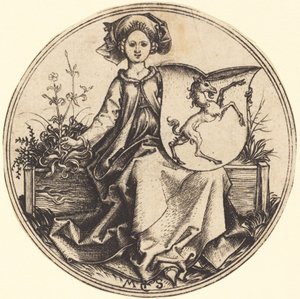 Pajzs egyszarvúval, Nő kezében alkotó: Martin Schongauer