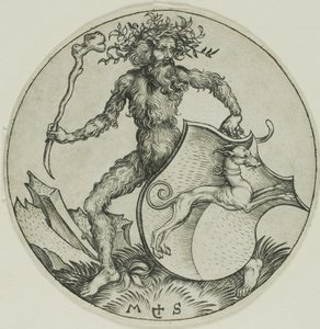 Pajzs egy agárral, melyet egy vadember tart a kezében alkotó: Martin Schongauer