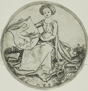 Pajzs egy hattyúval, melyet egy ülő hölgy tart alkotó: Martin Schongauer