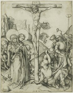 A keresztrefeszítés a szent asszonyokkal, Szent Jánossal és a római katonákkal alkotó: Martin Schongauer