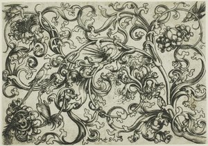 Szőlő dísz papagájokkal és madarakkal alkotó: Martin Schongauer