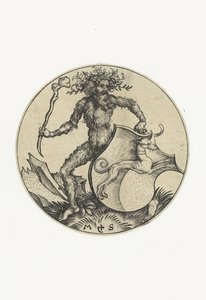 Címer kutyával, egy vad ember kezében egy bottal Címeres figurák (sorozat címe) alkotó: Martin Schongauer