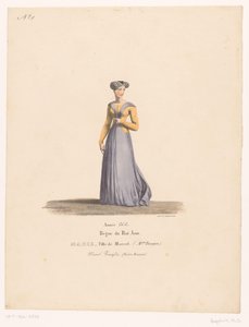 Kostuum van Marie Marcel a Marcel tragédiájában Marie, Marcel lánya (cím a tárgyon) Theaterkostuums (sorozat címe) Francia Színház: MM jelmezgyűjtemény. J. Alaux és L. Duponchel a Comédie Library kéziratos rajzaiból alkotó: Martin Sylvestre Baptiste